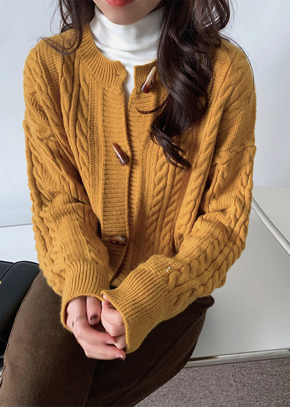 Yellow O Neck Button Cable Knit Cardigans Spring