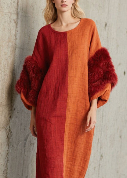 Colorblock O Neck Fuzzy Fur Fluffy Patchwork Cotton Dress Fall