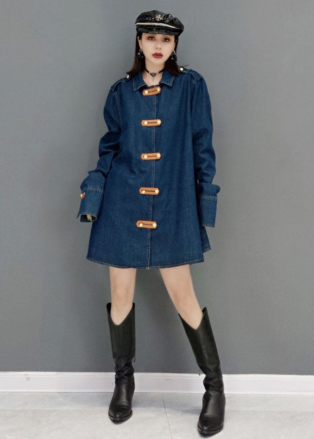 Blue Peter Pan Collar Cotton Denim Long Coat Long Sleeve