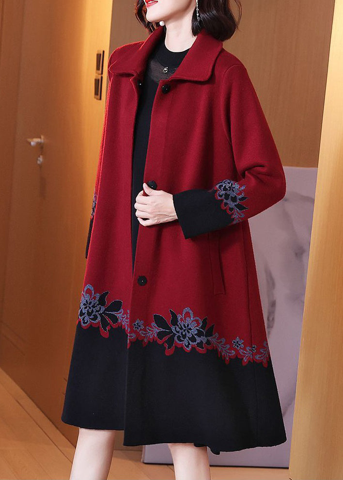 Red Button Print Patchwork Cotton Knit Coats Long Sleeve Fall