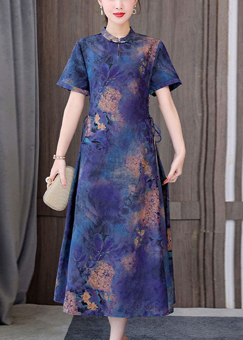 Unique Blue Mandarin Collar Tie Waist Tie Dye Silk Dresses Short Sleeve