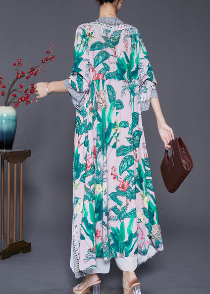 Green Leaf Print Lace Up Chiffon Long Cardigan Fall
