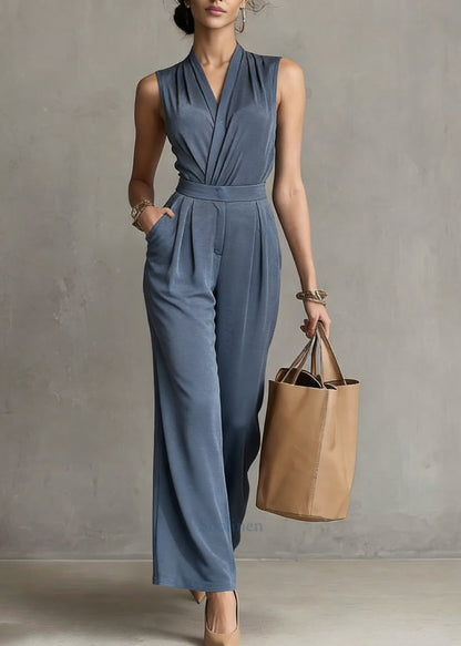 Organic Blue Patchwork Top and Wide Leg Pants Two Pieces Sets Sleeveless