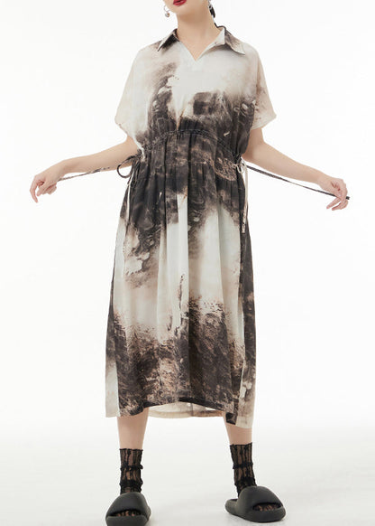 Peter Pan Collar Tie Dyetie Waist Patchwork Silk Long Dresses Summer