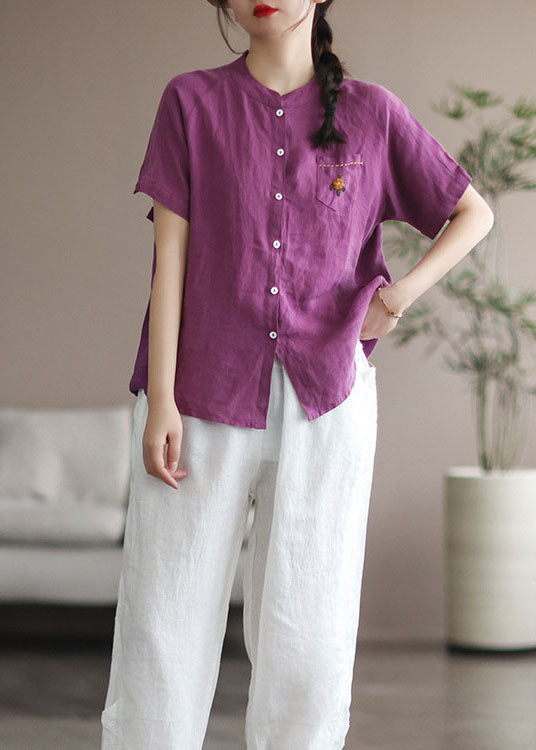 Purple Embroideried Pocket Linen Shirt Top Short Sleeve