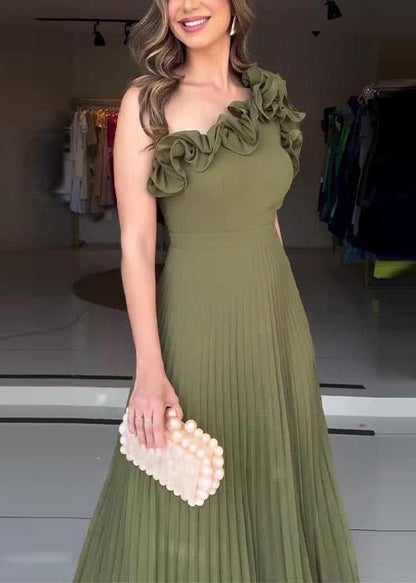 Army Green One Shoulder Pleated Dress Summer