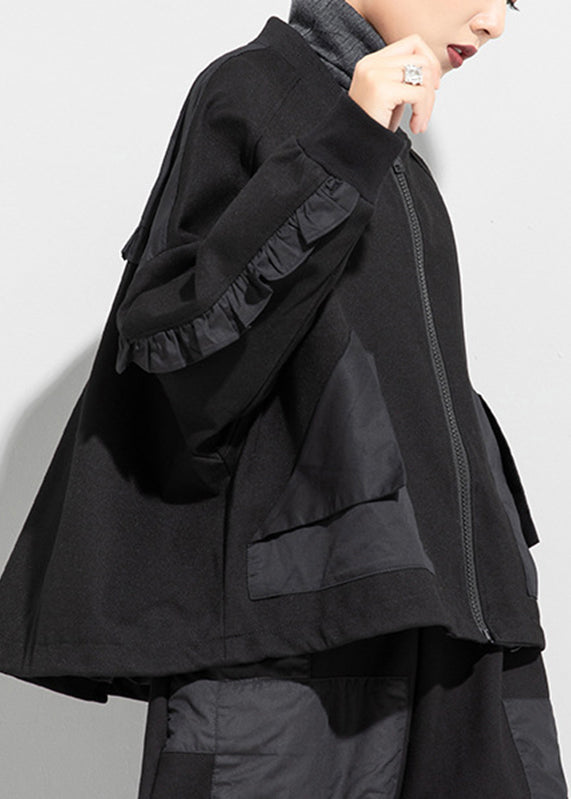 Black O-neck Zip Up Pockets Ruffles Patchwork Cotton Coats Long Sleeve