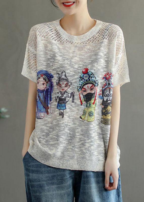 Italian White O-neck Print Summer Hollow Out Short Sleeve