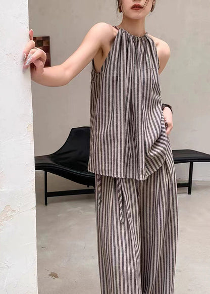 French Coffee Striped Top Wide Leg Pants Two Piece Set Summer