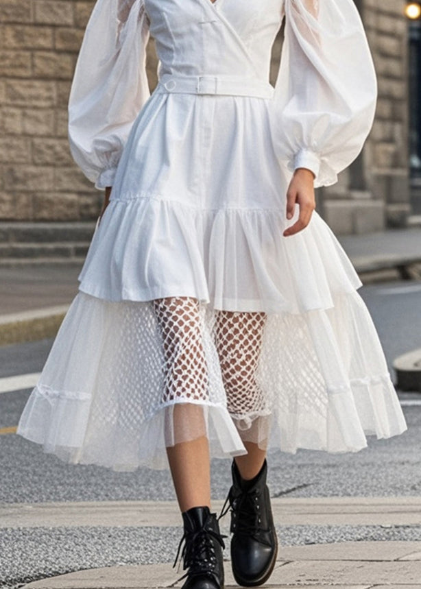 White V Neck Patchwork Tulle Cotton Dress Puff Sleeve
