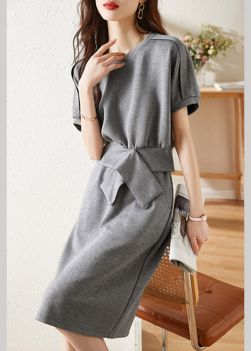 Grey O-neck Top and Skirts Two Piece Set Short Sleeve