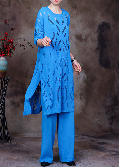 Blue O-neck Hollow Out Knit Three Pieces Set Long Sleeve