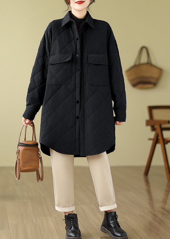 Black Peter Pan Collar Pockets Fine Cotton Filled Puffers Jackets Winter