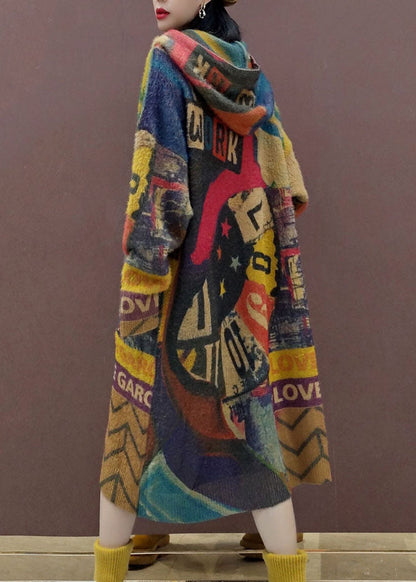 Print Button Maxi Knitted Cotton Thread Hooded Sweater Coat Fall
