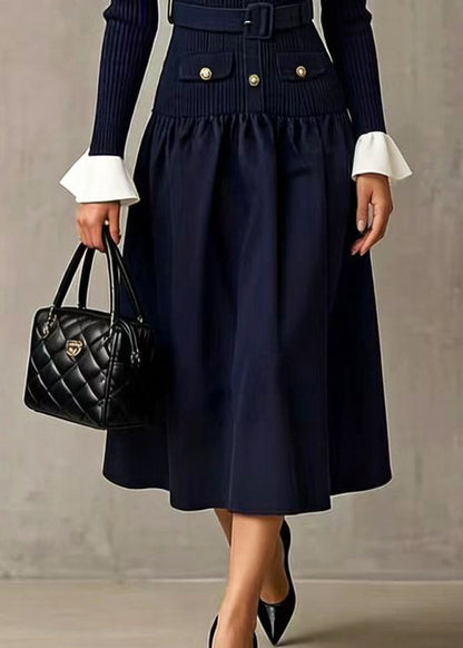 Navy Patchwork Knit Tunic Dresses Flare Sleeve