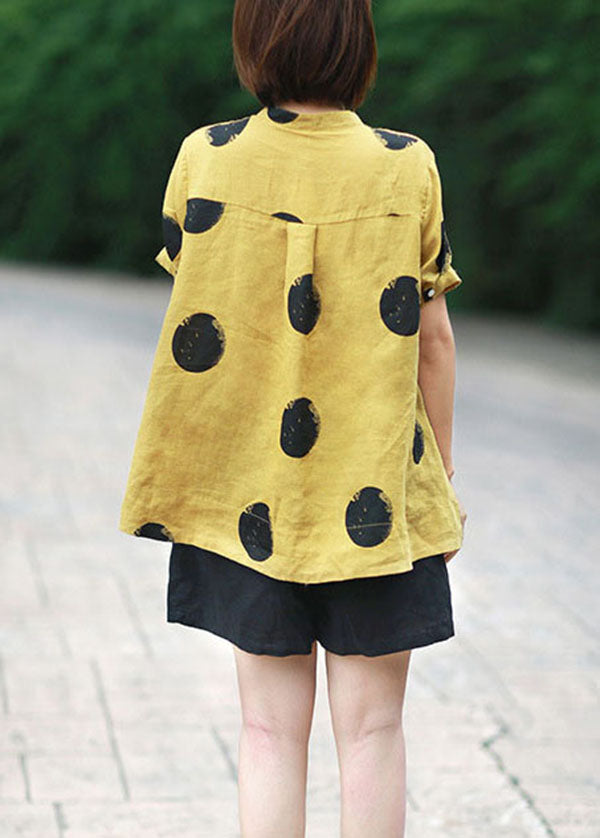 Blue Dot Print Patchwork Linen Top Button Stand Collar Summer