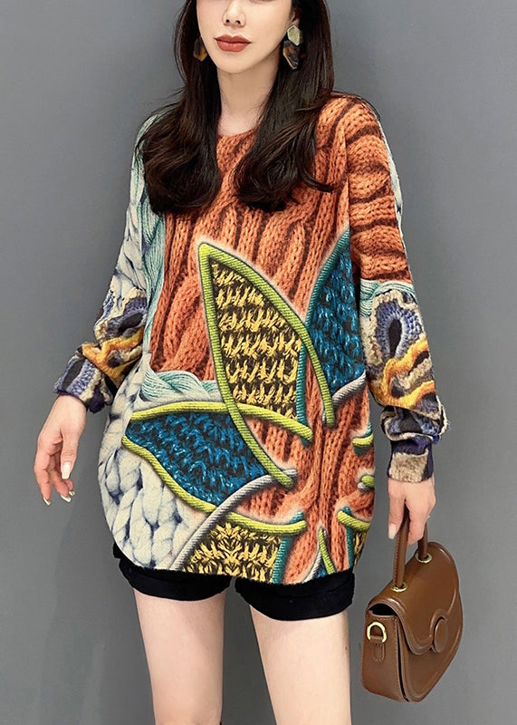 Orange O Neck Print Cozy Knitted Cotton Top Long Sleeve