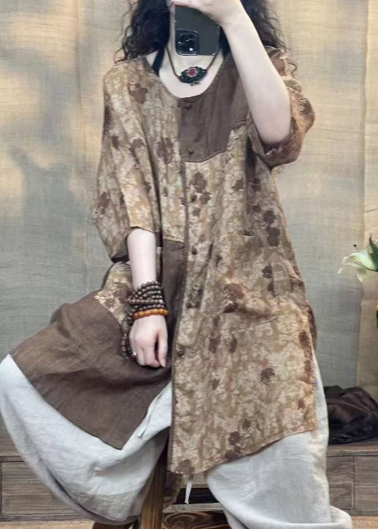 Coffee O-neck Print Patchwork Patch Shirt Bracelet Sleeve