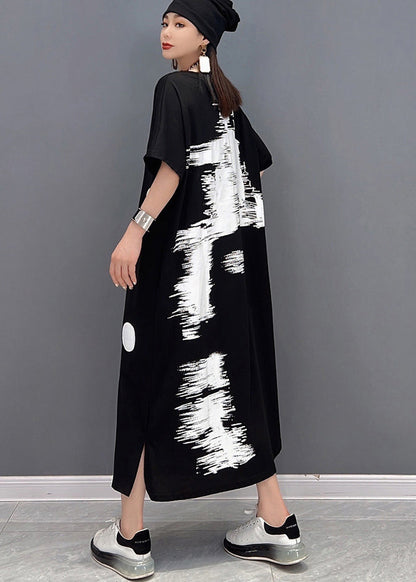Black White Patchwork Dot Print Cotton Sweatshirt Long Dress Short Sleeve
