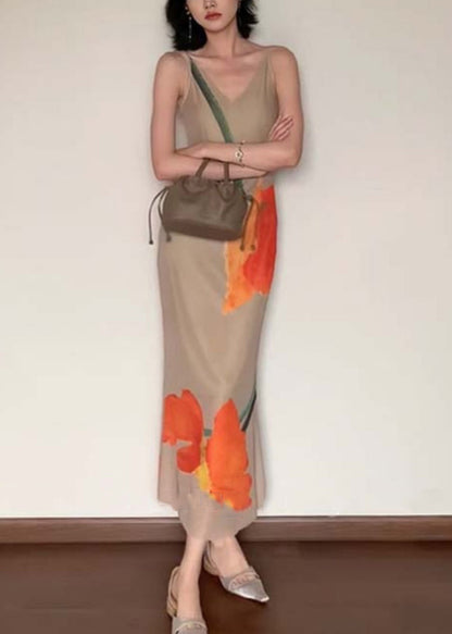 Slim Fit V Neck Print Cotton Long Dress Sleeveless Summer