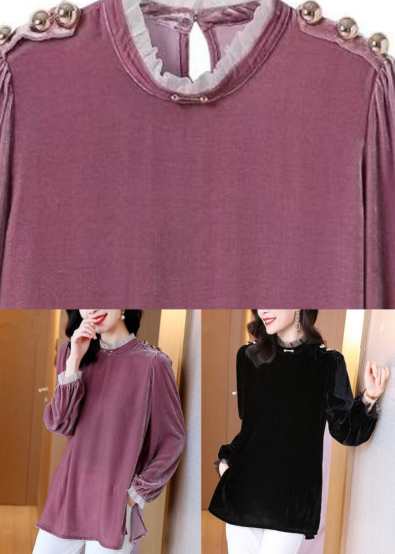 Organic Purple Stand Collar Silk Velour T Shirt Fall