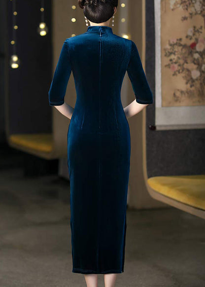 Italian Peacock Blue Stand Collar Embroideried Silk Velour Dresses Half Sleeve
