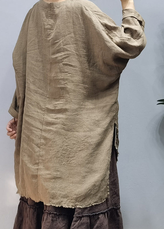 Orange V Neck Side Open Patchwork Linen Tops Spring