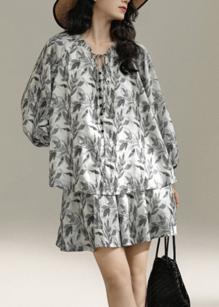 Grey Print Cotton Sets 2 Pieces Lace Up Summer