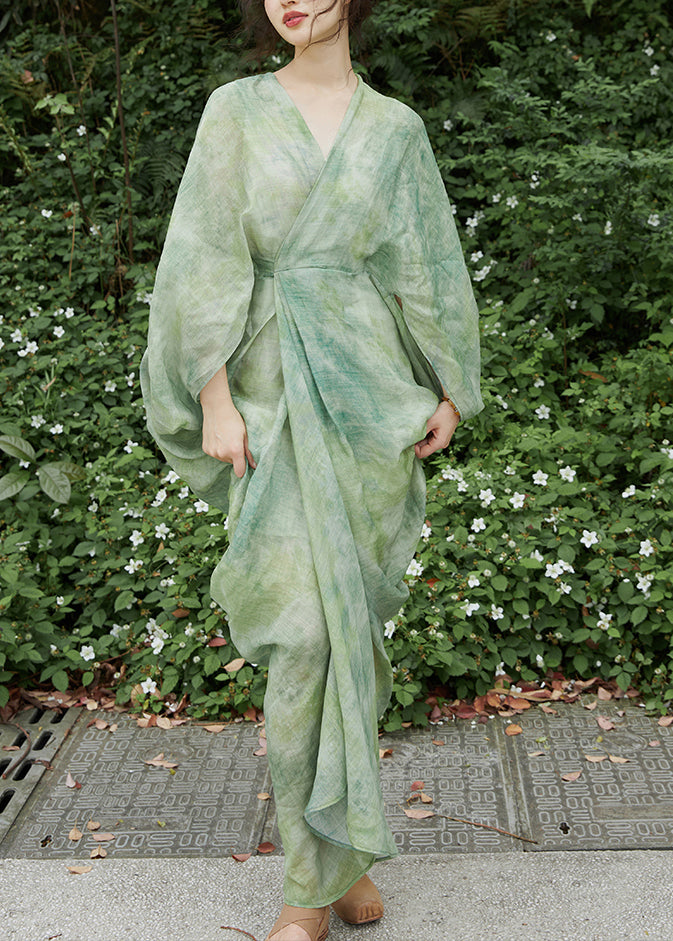 Green V Neck Print Linen Two Pieces Set Batwing Sleeve