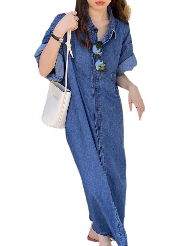 Blue Peter Pan Collar Patchwork Denim Shirts Dresses Summer