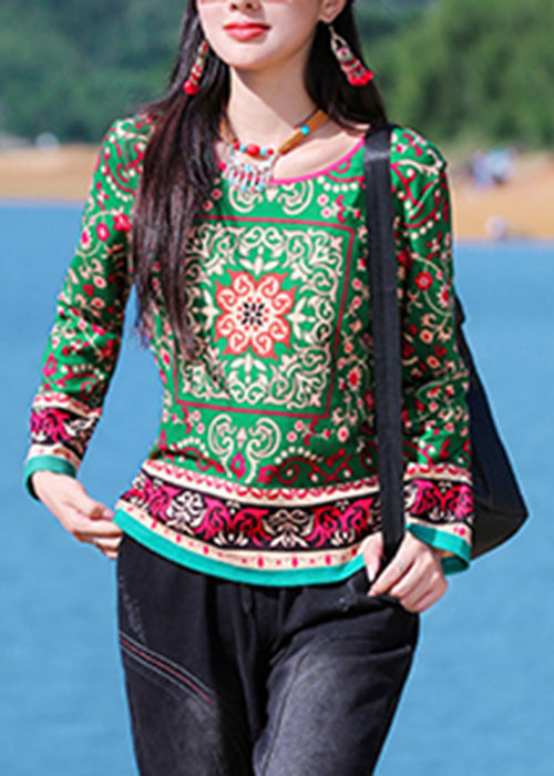 Diy Green O-neck Print Top Long Sleeve