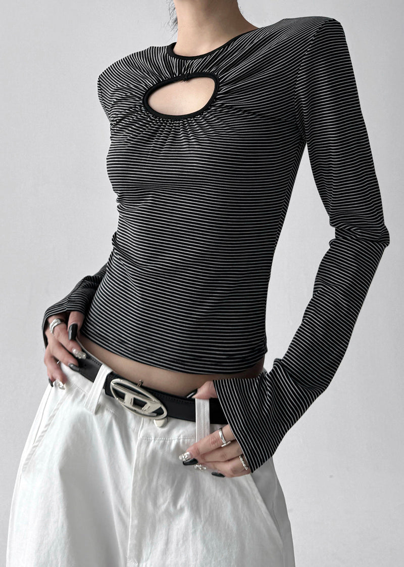 Stylish White O Neck Striped Hollow Out Cotton T Shirt Tops Fall