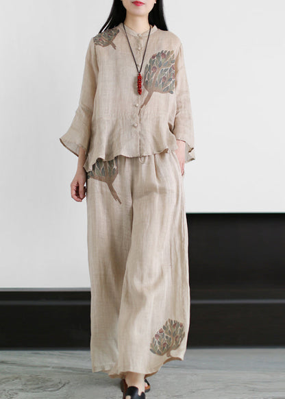 Apricot Pocket Linen Tops and Wide Leg Pants Two Piece Set Clothing Ruffles Flare Sleeve
