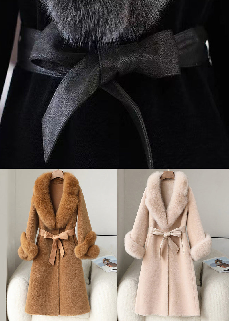 Black V Neck Tie Waist Fuzzy Fur Long Coat Winter
