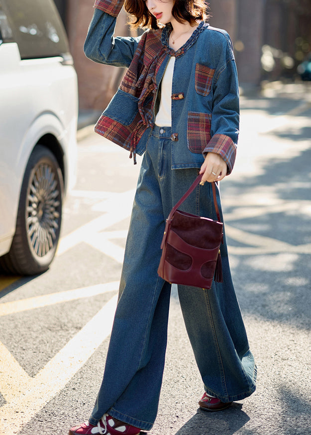 Natural Denim Blue O-neck Patchwork Coats and Wide Leg Pants Two Pieces Set Fall