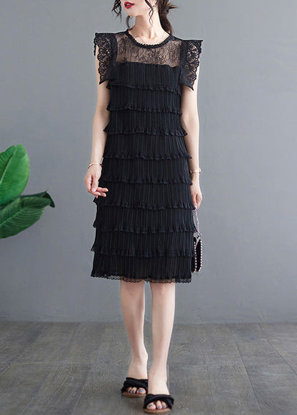 Black O-neck Tulle Patchwork Vacation Long Layered Dresses Summer