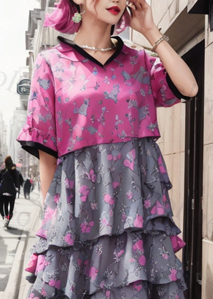 Rose Print Layered Ruffles Silk Dress Summer