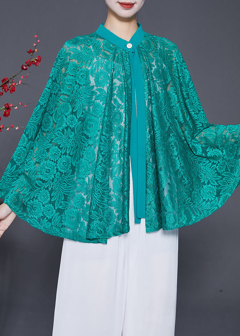 Green Hollow Out Lace Upf 50+ Smock Batwing Sleeve