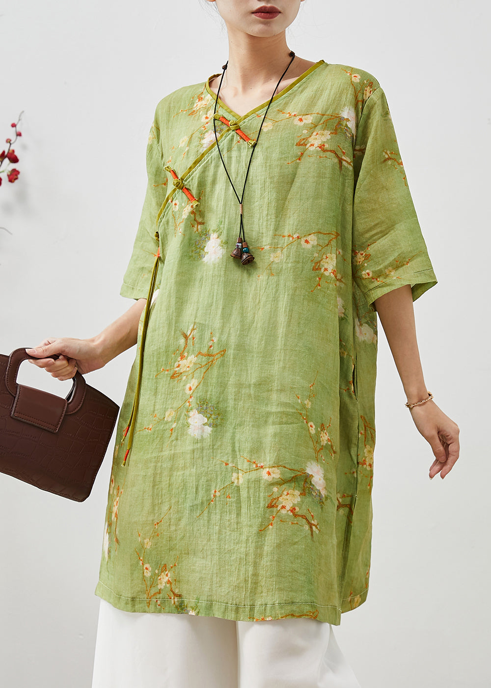Green Tasseled Print Linen Oriental Dress Summer