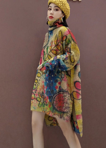 Leaves Print Loose Knit Dresses Side Open Spring
