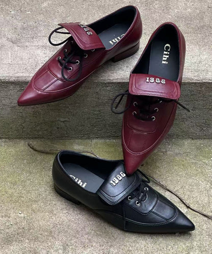 Black Faux Leather Splicing Lace Up Pointed Toe Shoes