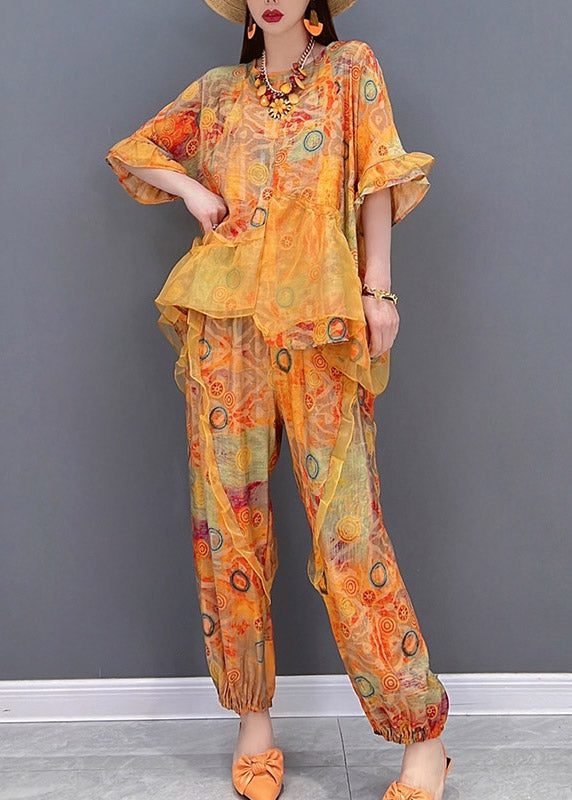 Orange Ruffled Asymmetrical Design Patchwork Tulle Tops and Pants Two Pieces Set Summer