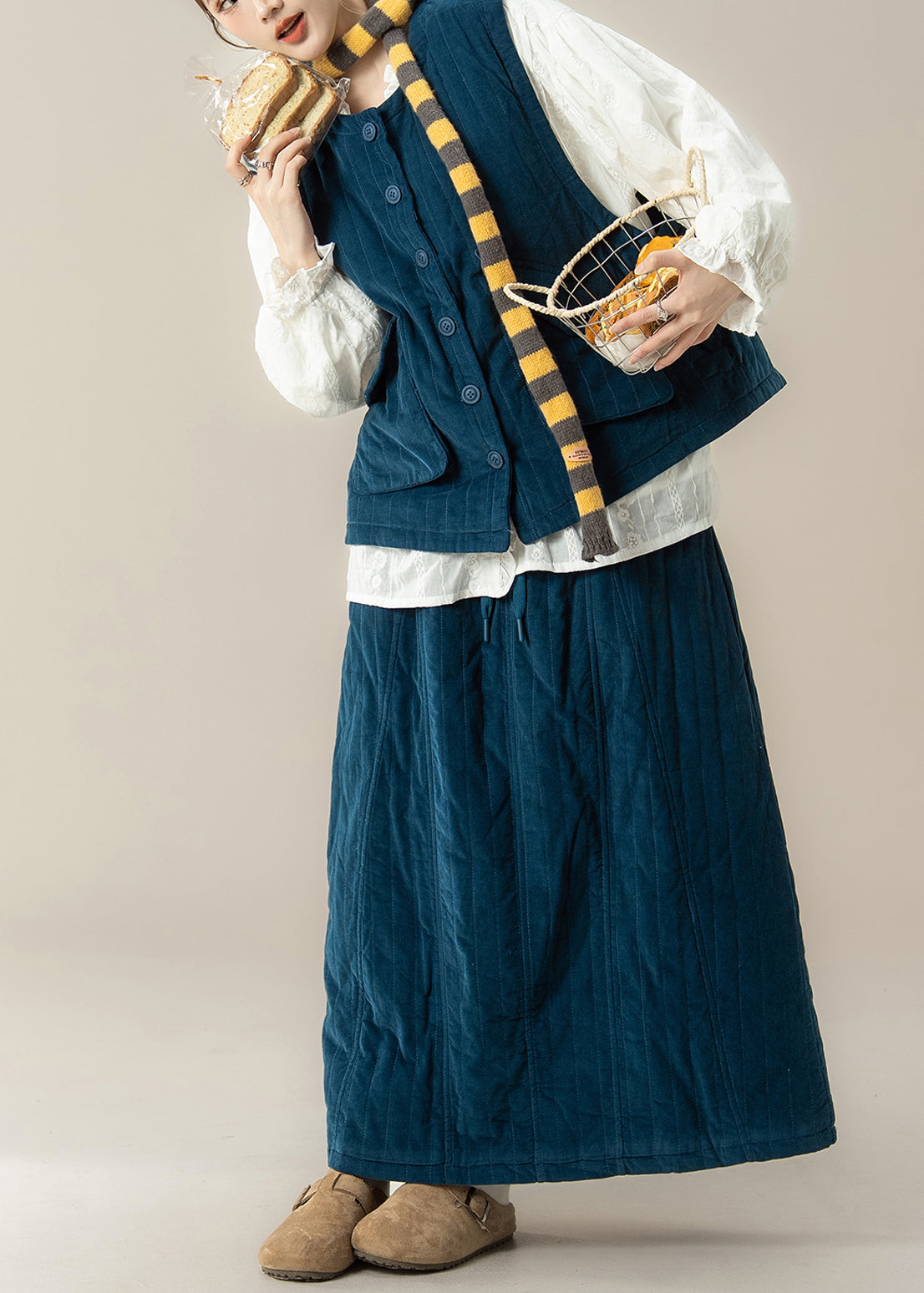 Blue O-neck Thick Waistcoat ,shirts and Maxi Skirts Three Pieces Set Lantern Sleeve