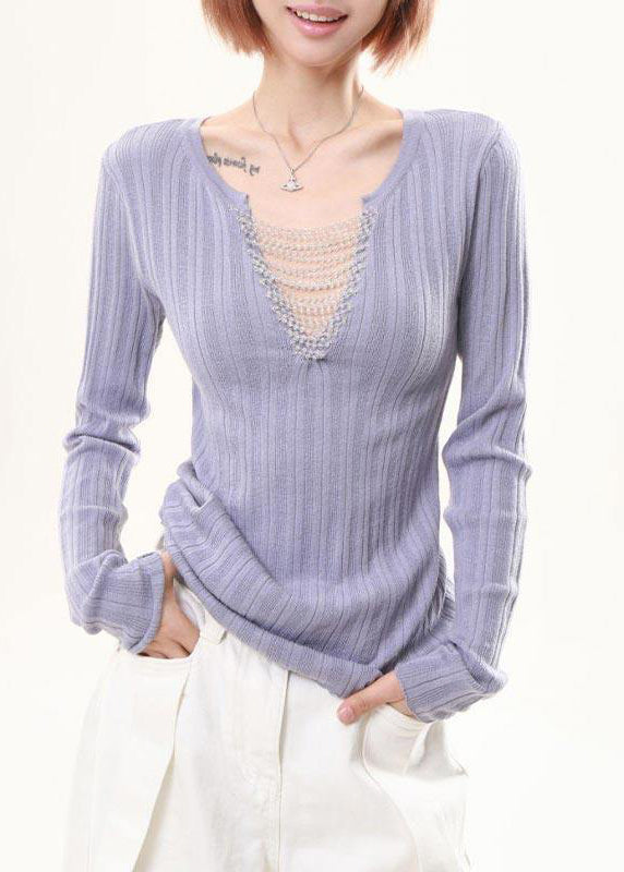 Lavender Tasseled Patchwork Knit Tops Spring