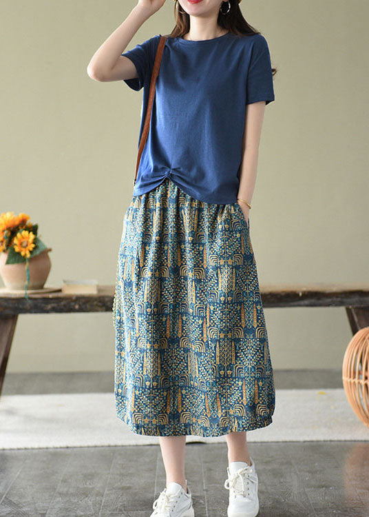 Blue Elastic Waist Pockets Print Linen Skirts Summer