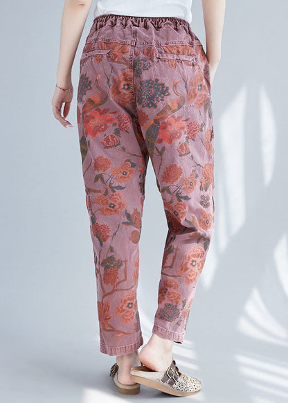 Brick Red Elastic Waist Print Cotton Denim Pants Spring