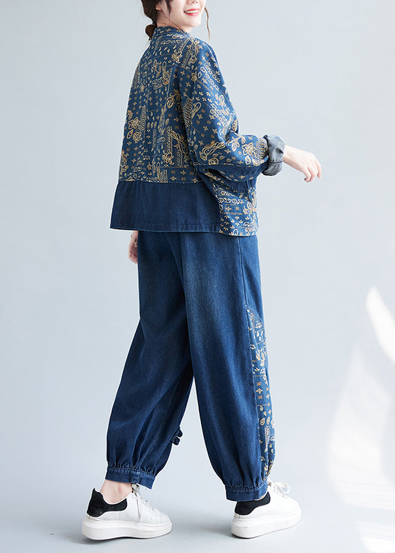 Loose Denim Blue Peter Pan Collar Print Coats and Lantern Pants Two Pieces Set Spring