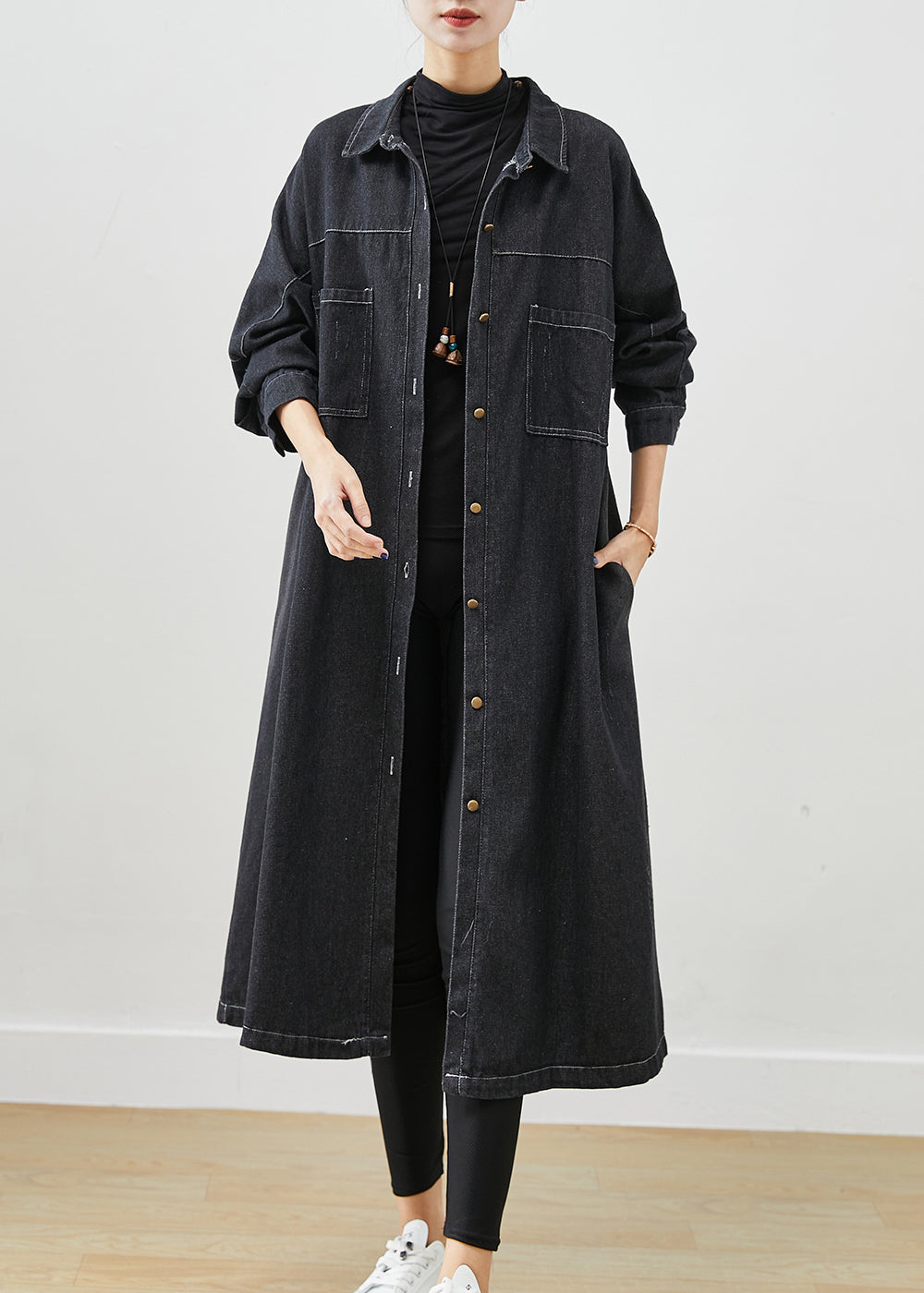 Black Oversized Pockets Cotton Coats Fall