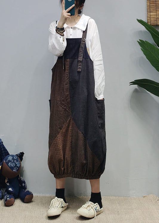 Style Colorblock Pockets Patchwork Plaid Cotton Strap Dress Summer