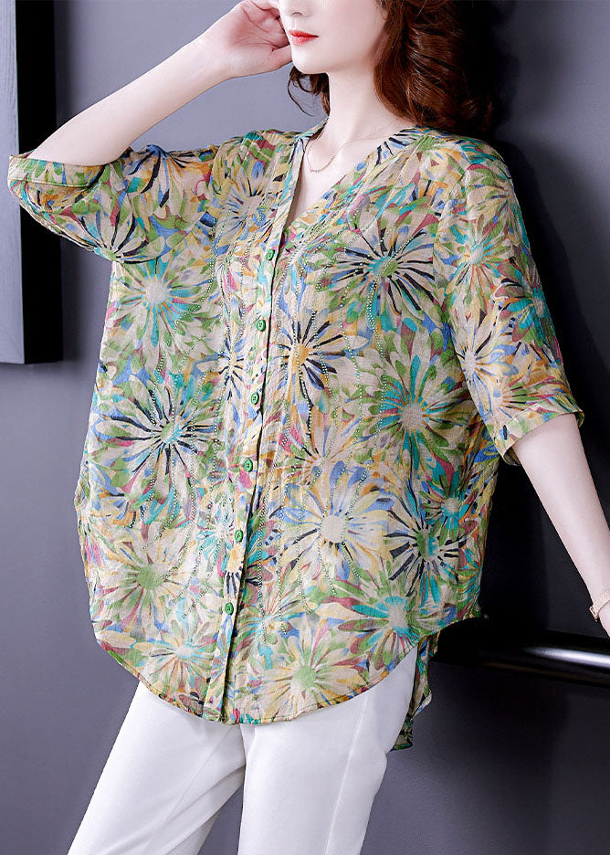 Green V Neck Oversized Print Chiffon Shirt Tops Half Sleeve